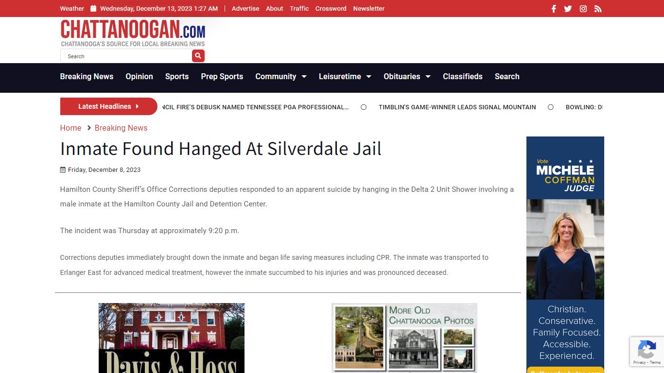 Inmate Found Hanged At Silverdale Jail - Chattanoogan.com